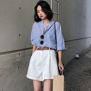 Set: Striped Elbow-sleeve Shirt + High-waist Shorts