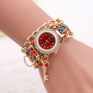 Rhinestone Key Woven Layered Strap Watch