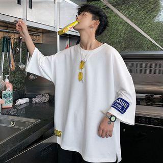 Elbow-sleeve Label Applique T-shirt