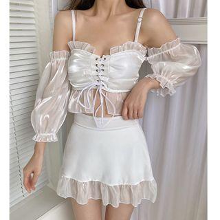 Set: Long-sleeve Lace-up Tankini Top + Swim Shorts + Skirt