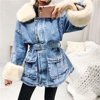 Furry Collar Washed Denim Jacket With Belt