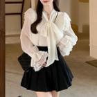 Long-sleeve Lace Bow-accent Loose-fit Blouse Off-white - One Size