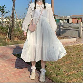 Long-sleeve Tie-front Frill Trim Midi A-line Dress White - One Size
