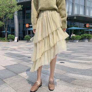 Asymmetric Polka Dot Mesh Tiered Skirt