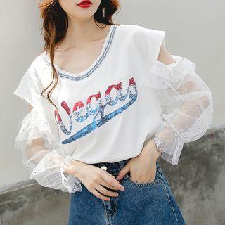 Sheer Long-sleeve Lettering T-shirt