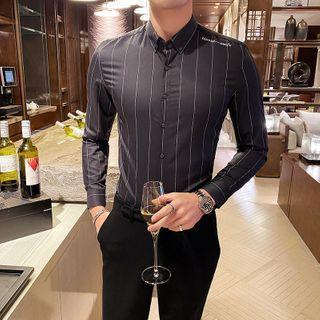 Long-sleeve Lettering Embroidered Striped Shirt
