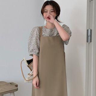 Puff-sleeve Floral Print Blouse / Plain Midi Overall Dress
