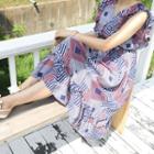 Frilled-sleeve Pattern Midi Dress