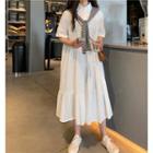 Striped Lace-up Short Sleeve A-line Shirtdress White - One Size