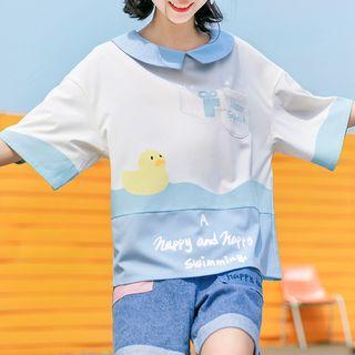 Duck Print Elbow-sleeve T-shirt