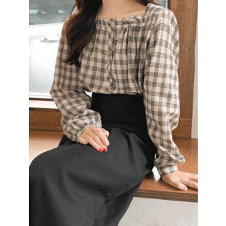 Frill-trim Loose-fit Plaid Blouse