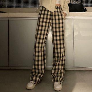 Plaid High-waist Wide-leg Pants Black & Almond - One Size