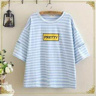 Lettering Striped Cut Out Detail Short Sleeve T-shirt