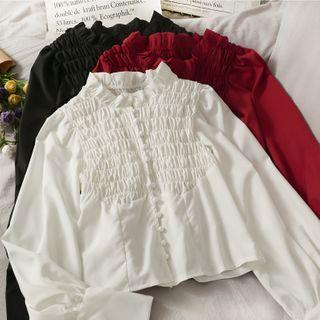 Ruffled-neckline Smocked Plain Shirt