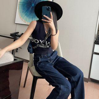 High-waist Washed Straight-cut Jeans Blue - One Size