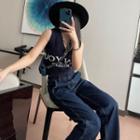 High-waist Washed Straight-cut Jeans Blue - One Size