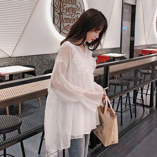 Set: Long-sleeve Ruffle Chiffon Top + Camisole