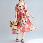 Elbow-sleeve Floral Print Midi Chiffon Dress As Shown In Figure - One Size