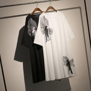 Elbow-sleeve Printed Lace Ribbon T-shirt Dress
