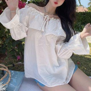 Off-shoulder Ruffle Trim Blouse White - One Size