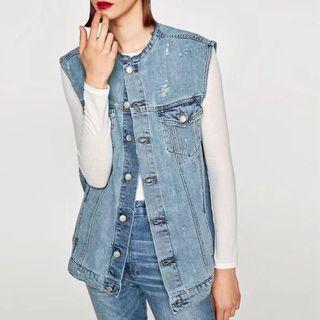Sleeveless Ripped Denim Open-front Tank Top