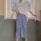 Set: Elbow-sleeve Cutout-back T-shirt + Gingham Drawstring Midi Skirt