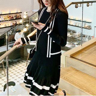 Set: Contrast Trim Cardigan + Sleeveless Knit Dress