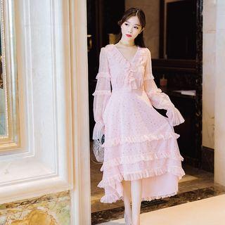 Long Sleeve V-neck Frilled Trim Sequins Dress