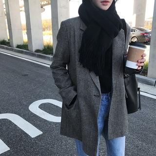 Wool Blend Belted Herringbone Blazer Black - One Size
