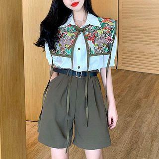Set: Short-sleeve Shirt + Floral Embroidered Shawl + Shorts