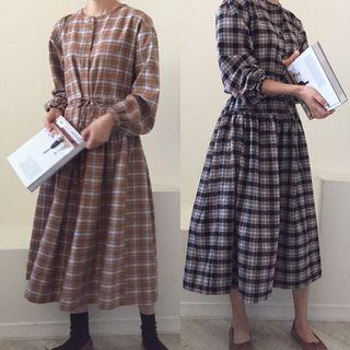 Tie-waist Long Sleeve Plaid Dress