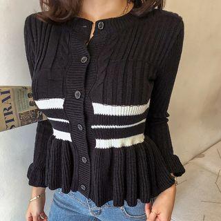 Striped Rib-knit Peplum Cardigan Black - One Size