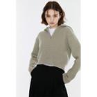 [lazy Sunday] Zip-collar Crop Sweater Light Gray - One Size