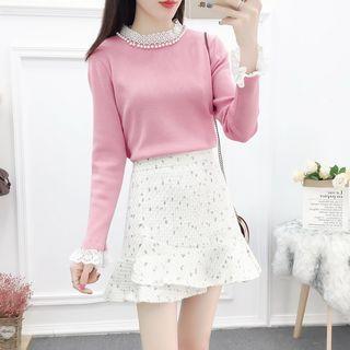 Set: Lace-trim Beaded Knit Top + Print Skirt