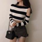Striped Cut Out Crop Knit Top As Shown In Figure - One Size