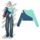 Two-tone Cold-shoulder Long-sleeve T-shirt Green & Blue - One Size