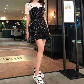 Set: Short-sleeve T-shirt + Spaghetti Strap Mini Dotted Dress