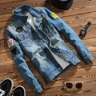 Ripped Applique Buttoned Denim Jacket