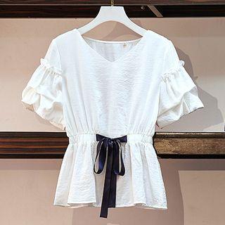 Ruffle Trim Short-sleeve Ribbon-waist Blouse