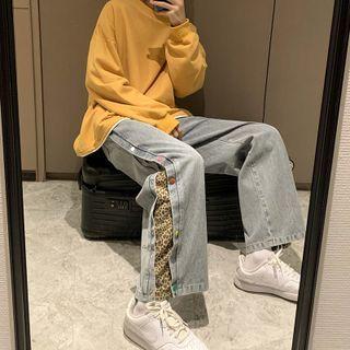 Leopard Panel Button Straight Leg Jeans