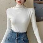 Long-sleeve Mock-neck Button-detail Top