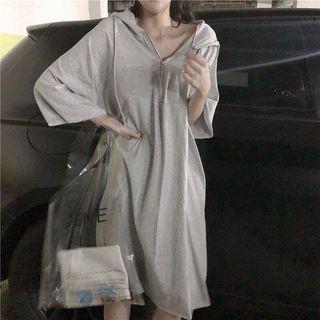 3/4-sleeve Zip Placket Hoodie Dress