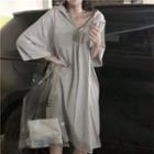 3/4-sleeve Zip Placket Hoodie Dress