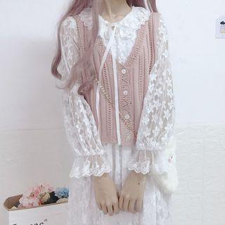 V-neck Knit Vest / Lace Long-sleeve A-line Dress