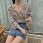 Floral Print V-neck Chiffon Top As Shown In Figure - One Size