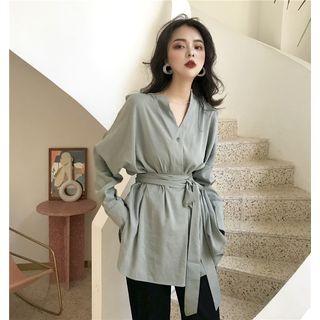 Plain V-neck Long-sleeve Loose-fit Blouse Green - One Size