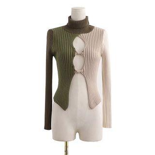 Long-sleeve Turtleneck Cutout Color Block Knit Top Green & Light Purple - One Size