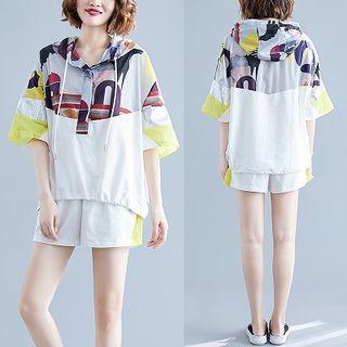 Set: Paneled Elbow-sleeve Light Hoodie + Paneled Shorts As Shown In Figure - One Size