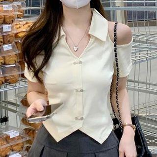 Plain Cropped Off-shoulder Polo-shirt