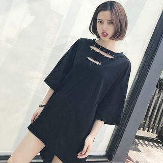 Elbow-sleeve Safety Pin Detail Asymmetrical T-shirt